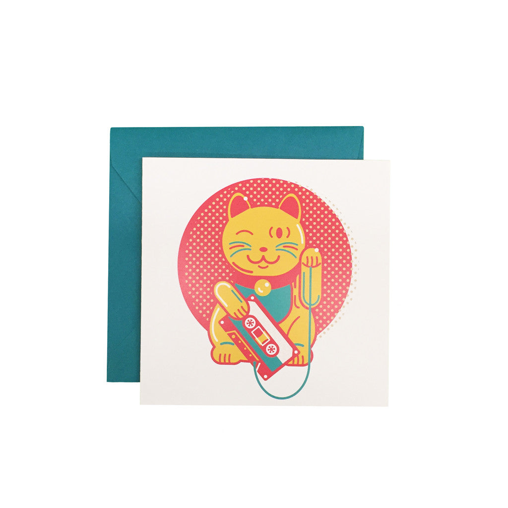 5 1/2" x 5 1/2" greeting card with lucky cat illustration in fun, retro pop art style