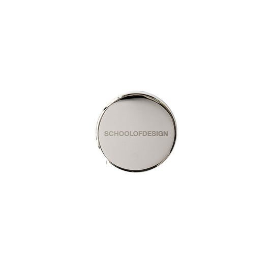 stainless steel tape measure with school of design imprint on the front in grey