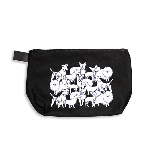 black gusseted travel bag featuring mixed dog pattern in white
