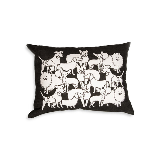 14" x 20" 100% cotton black pillow case featuring several illustrations of different dog breeds mixed together in white