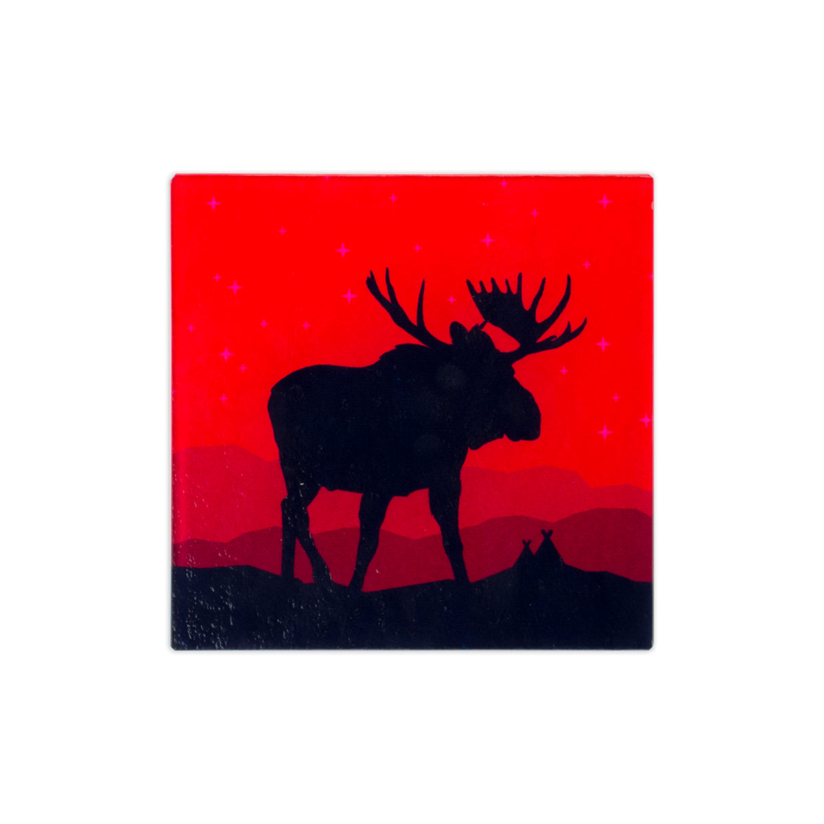 6" x 6" heat resistant tempered glass trivet featuring a red background and moose silhouette in black