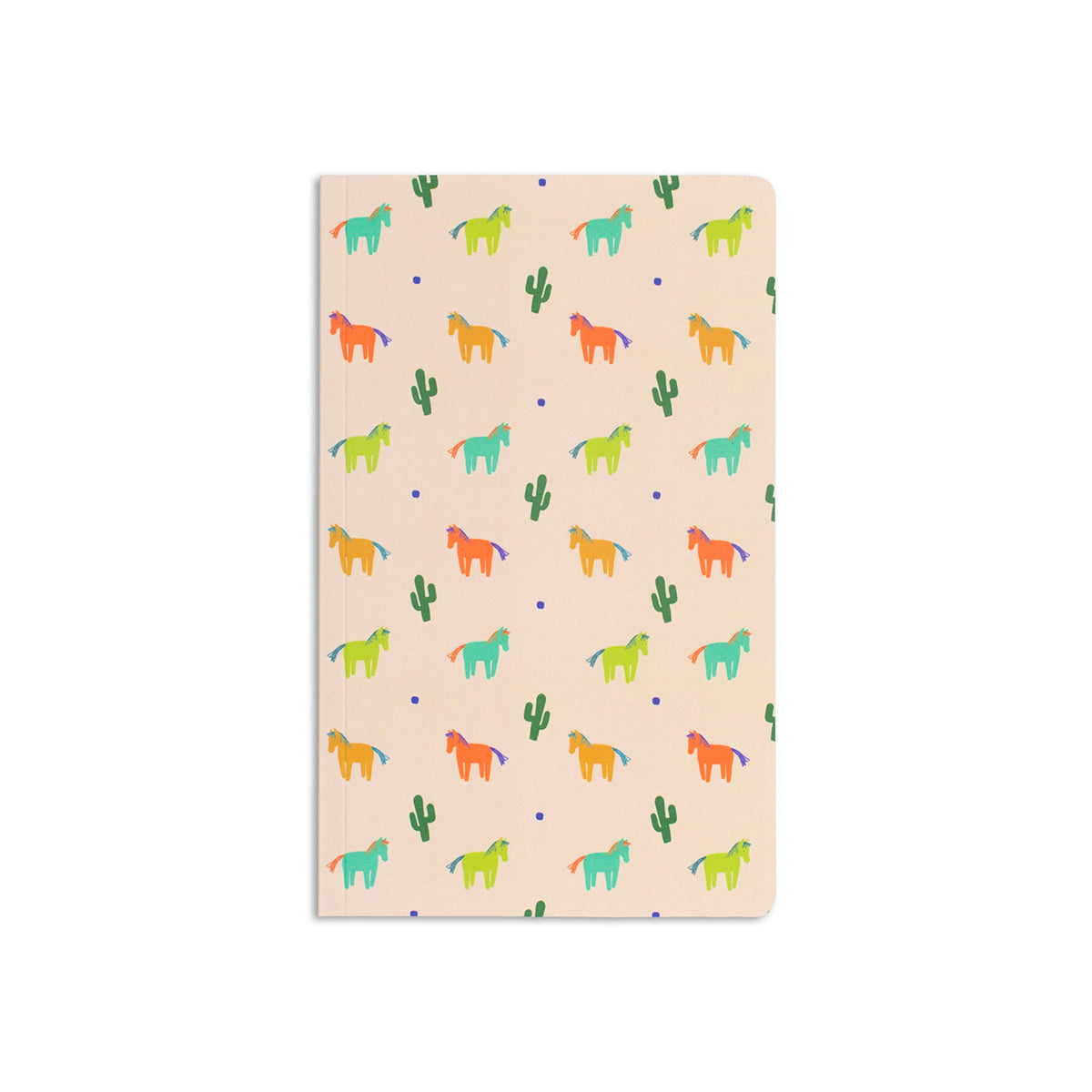 5" x 8.25" soft cover notebook with cactus and horse illustration pattern in shades of green, yellow, blue, orange 