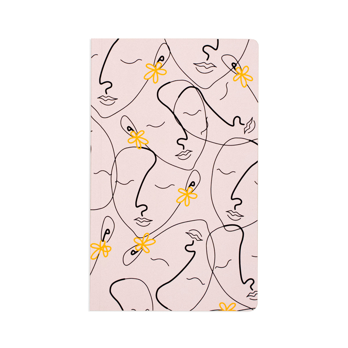 5" x 8.25" soft cover white notebook with thin black line art faces with yellow flower earrings pattern