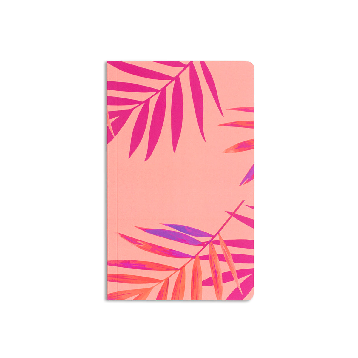 5" x 8.25" soft cover pink notebook with pink palm leaf design on the corners