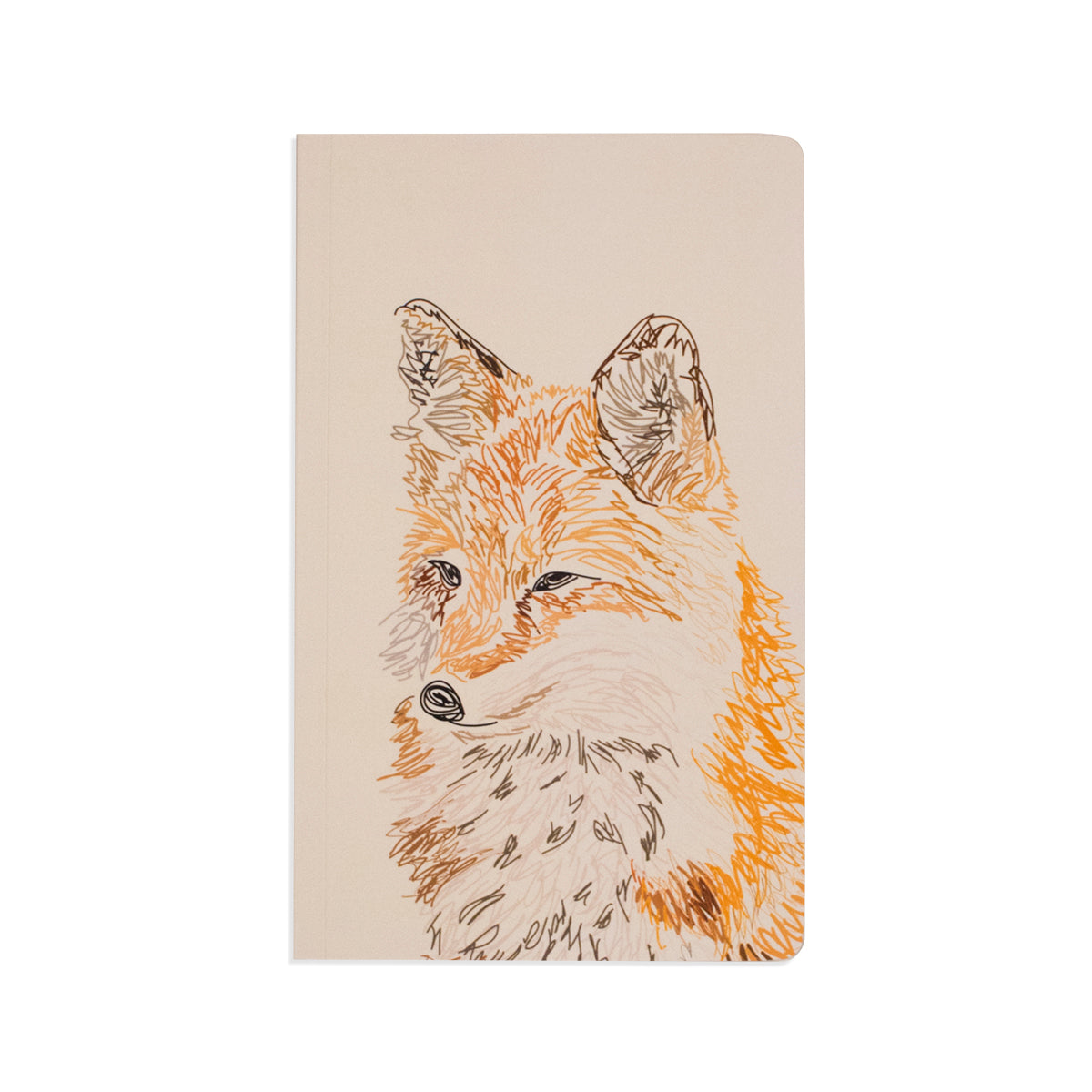5" x 8.25" soft cover notebook in white featuring large hand sketched fox illustration in the middle