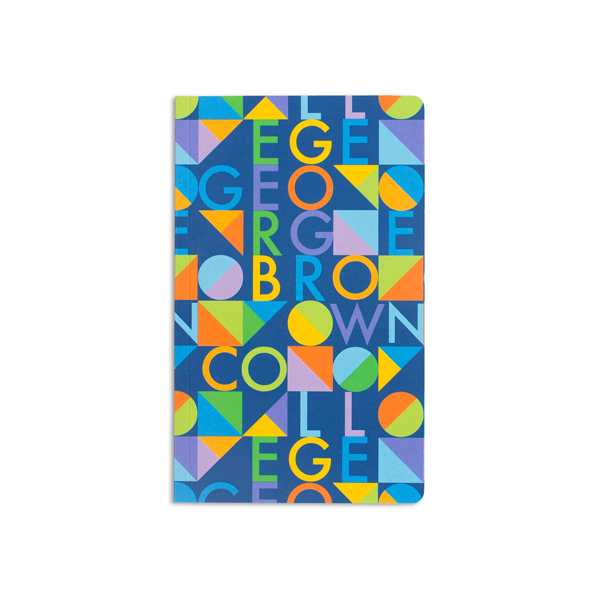 5" x 8.25" soft cover dark blue notebook with multicoloured george brown college text and geometric shape pattern 
