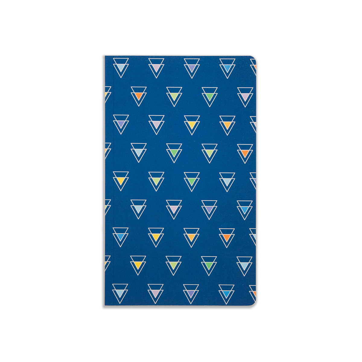 5" x 8.25" soft cover navy notebook featuring overlapping triangle pattern with george brown college colours (yellow, orange, purple, green, blue)