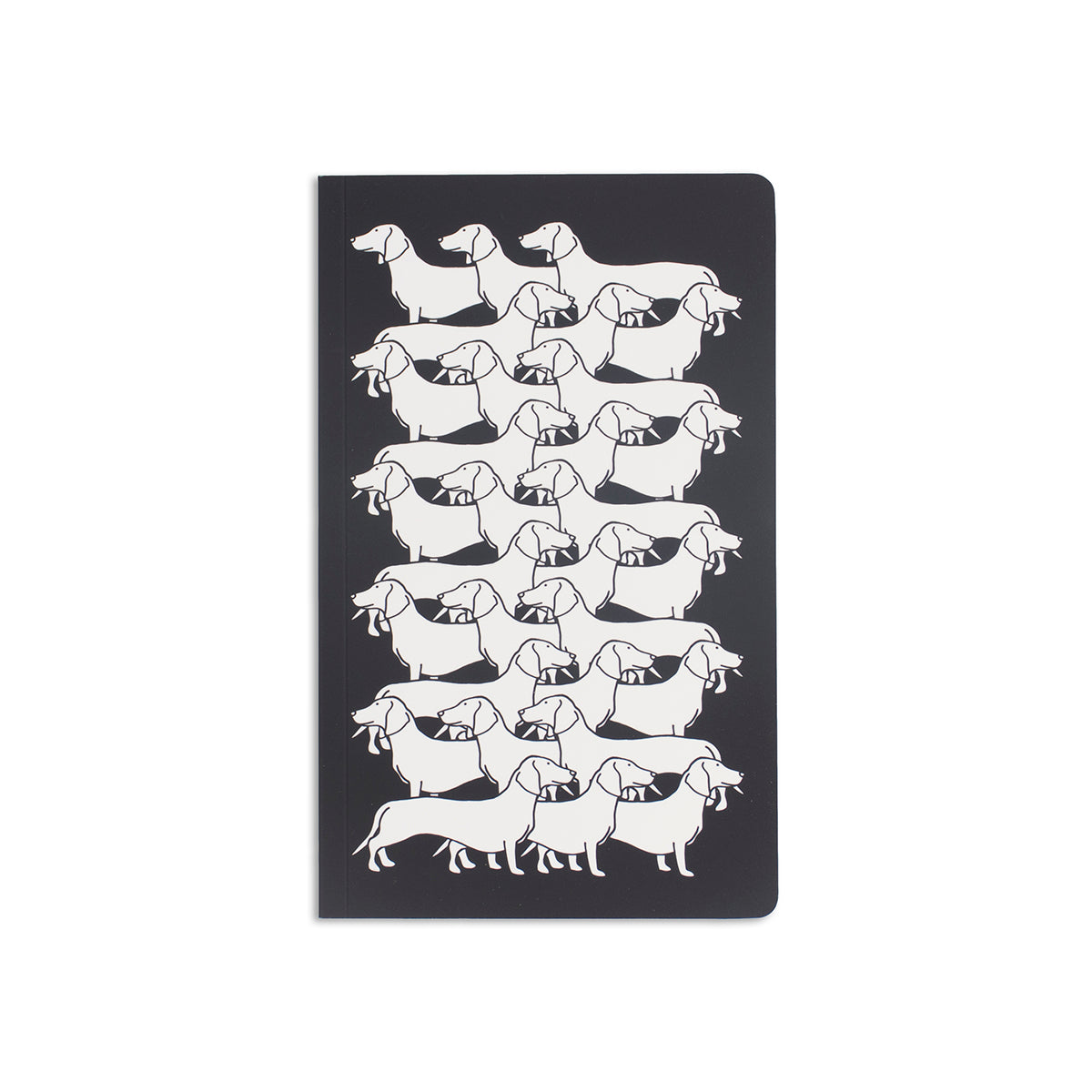 5" x 8.25" soft cover black notebook with 12 dachshund illustrations in a linear 3x3 grid pattern in white