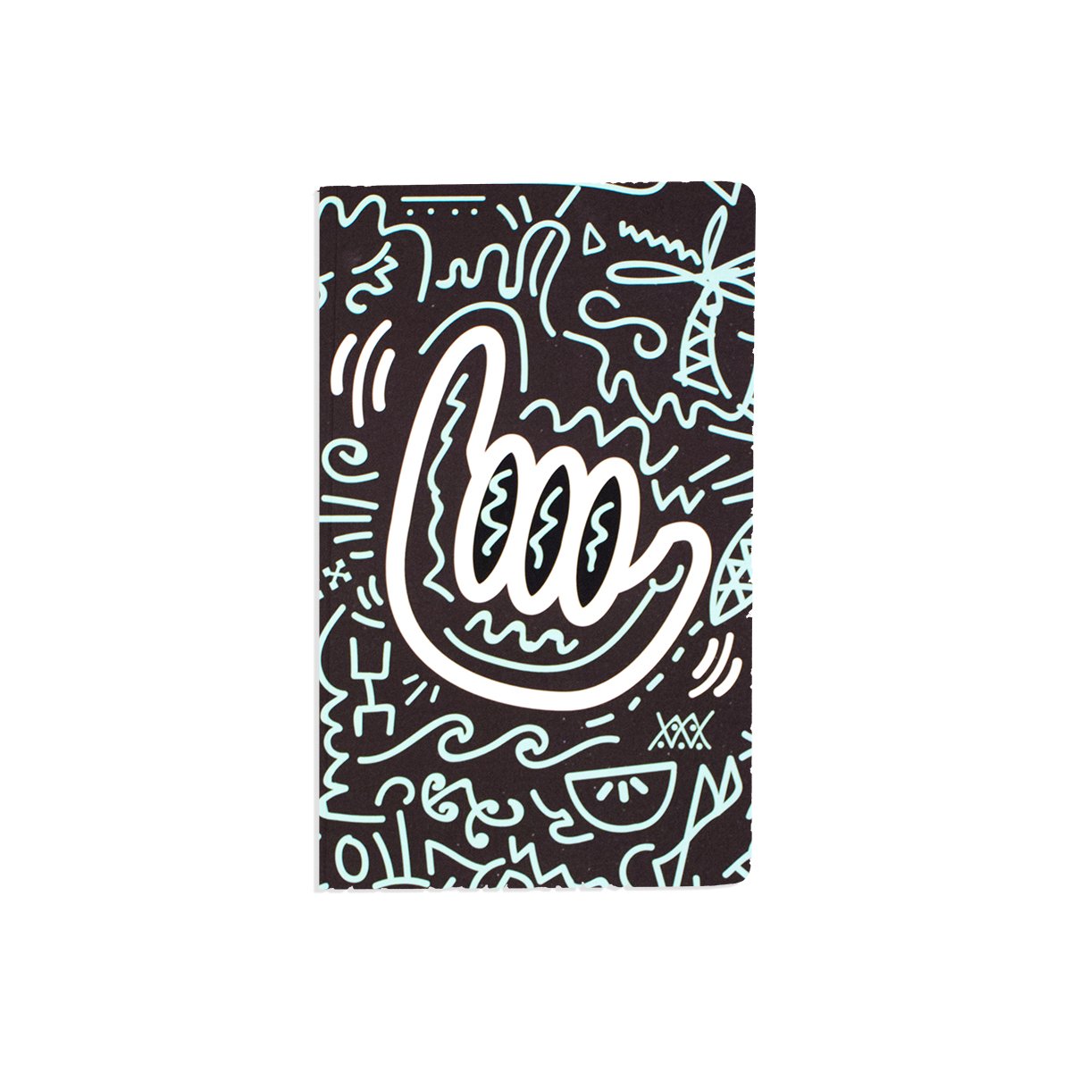 5" x 8.25" soft cover black notebook with large shaka illustration in white and various blue lines and shapes representing surf culture