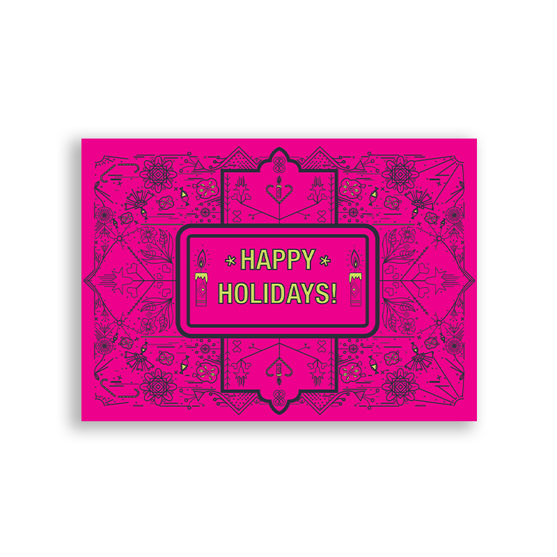 bright yellow text reading 'happy holidays' and thin, black, details illustrations on bright pink card