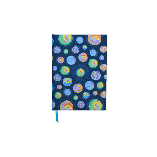5.25" x 7.25" hardcover navy notebook with multicolour circular design pattern featuring shades of green, purple, blue, yellow