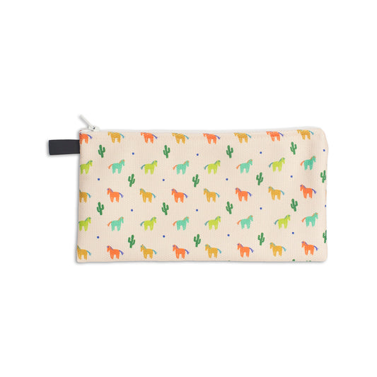 canvas pencil case with cactus and horse illustration pattern in shades of green, yellow, blue, orange