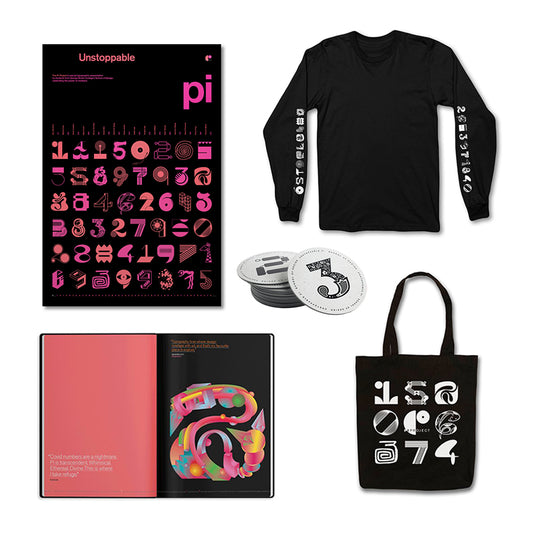 bundle showing black unstoppable pi poster, black long sleeve t shirt, unstoppable pi catalogue book and black tote bag