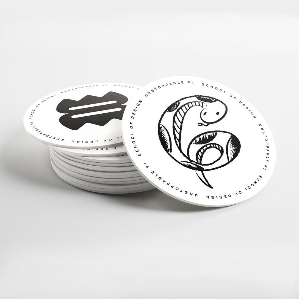 white coasters featuring numbers of pi in different typographic explorations with school of design, unstoppable pi text on border