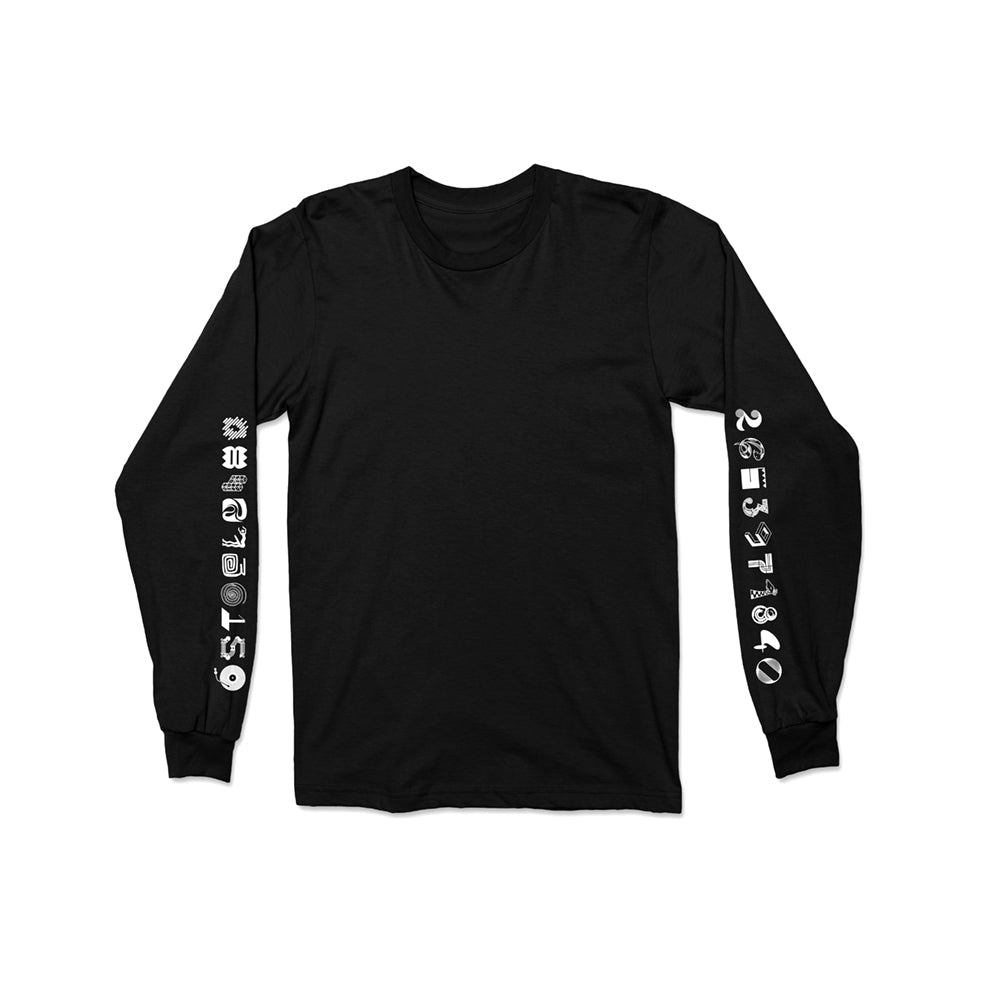 black long sleeve cotton shirt with experimental typographic numbers of pi on sleeve