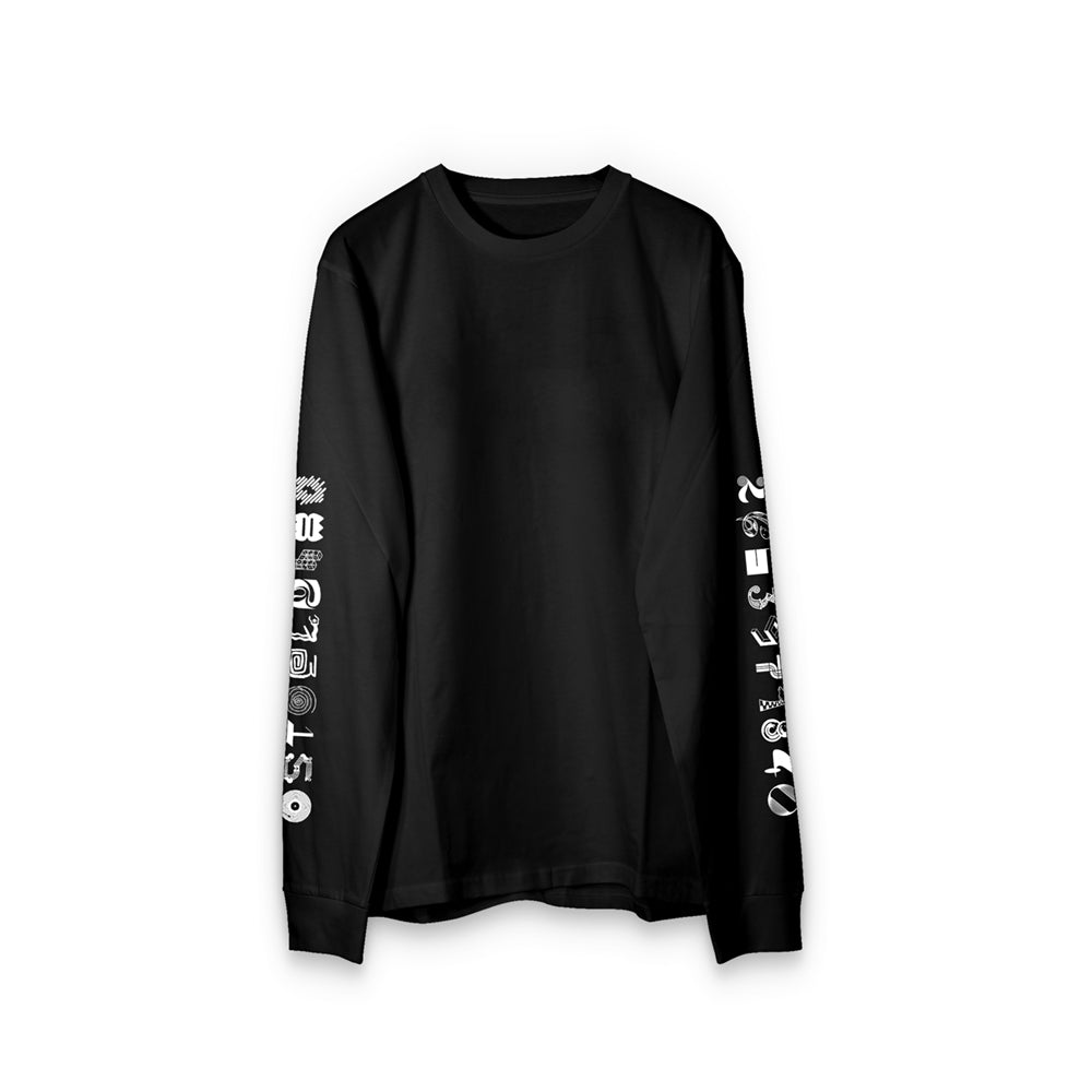 black long sleeve cotton shirt with experimental typographic numbers of pi on sleeve