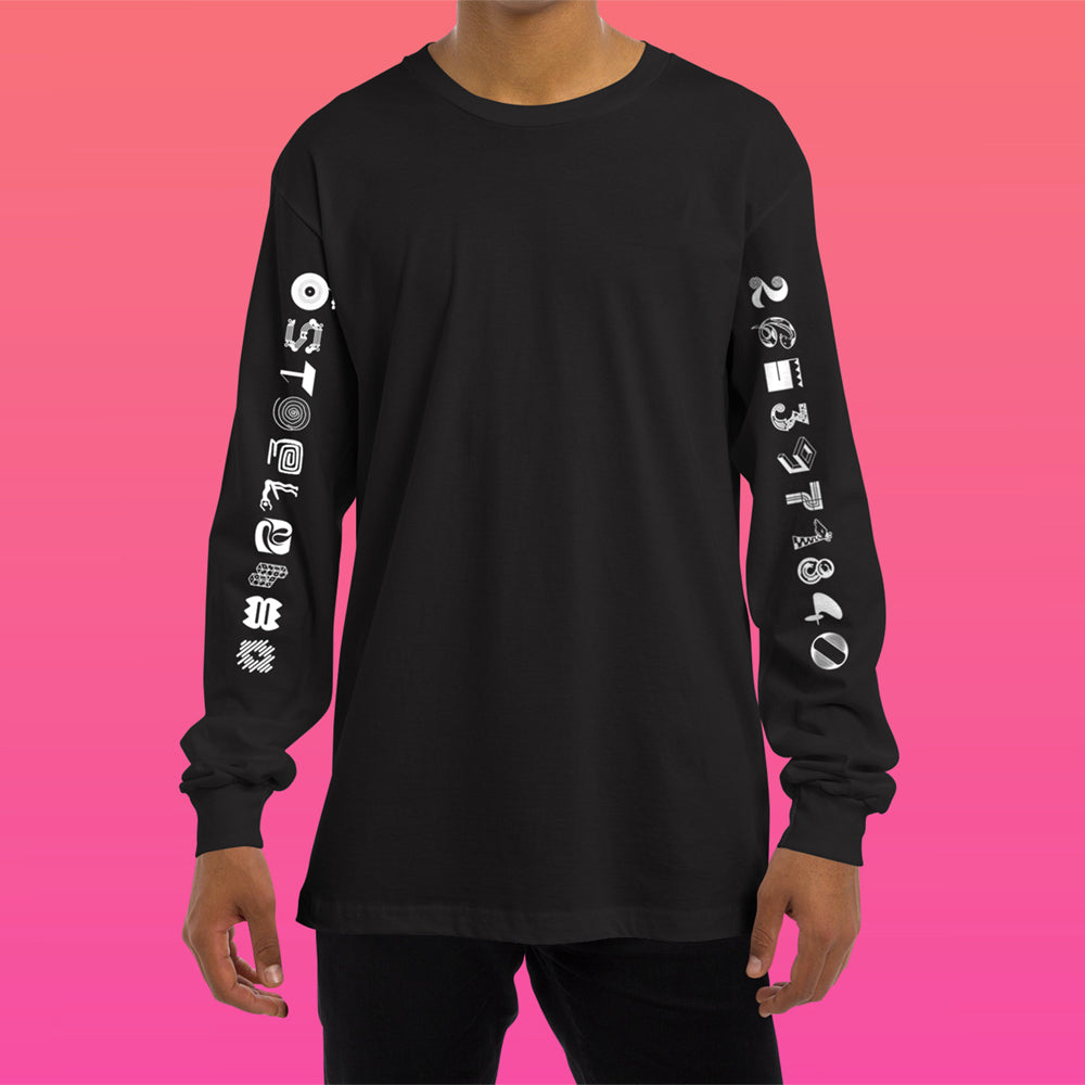 young man wearing black long sleeve cotton shirt with experimental typographic numbers of pi on sleeve