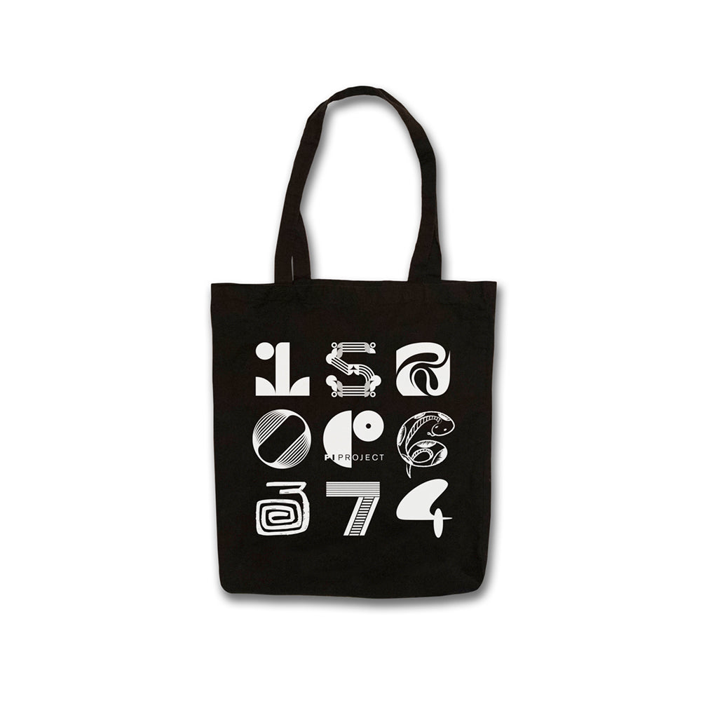 black tote bag with numbers of pi in different typographic explorations featuring pi project text in middle