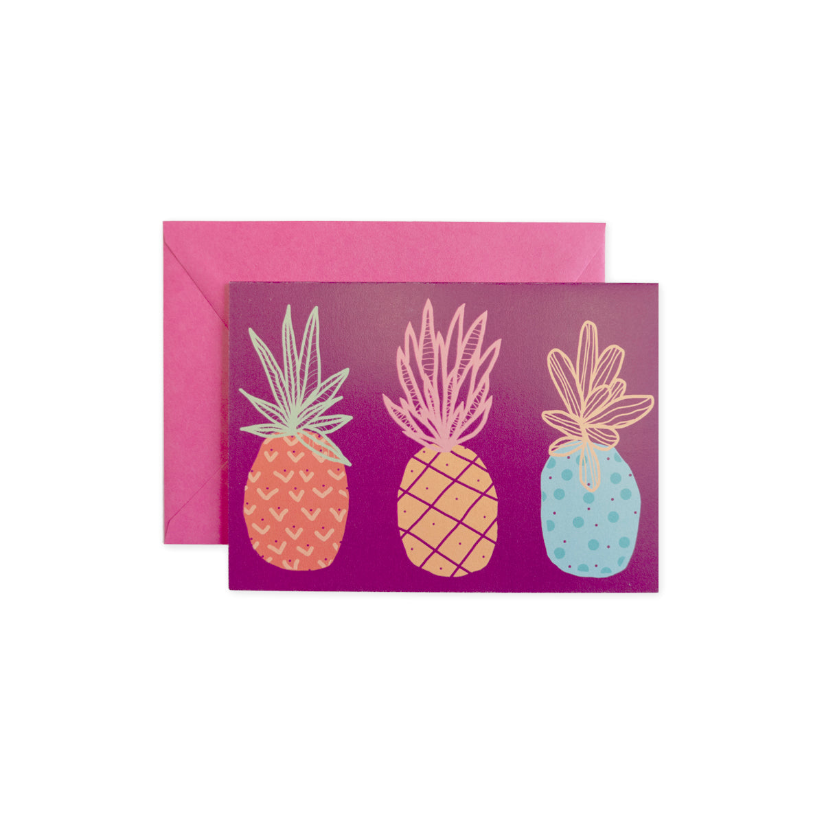 purple greeting card with three cute pineapple illustrations in orange, blue and yellow