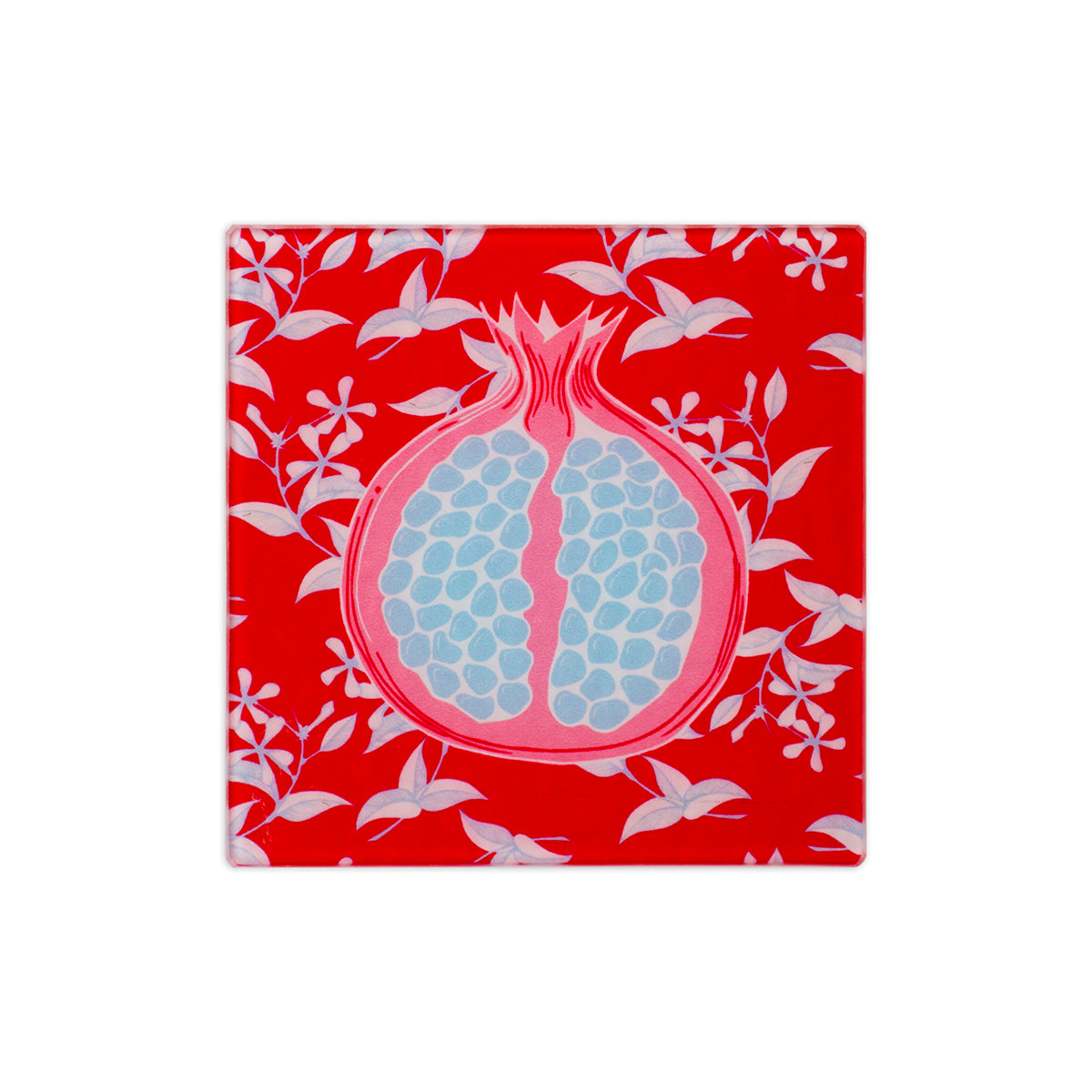 6" x 6" heat resistant tempered glass red trivet with red pomegranate illustration in the middle