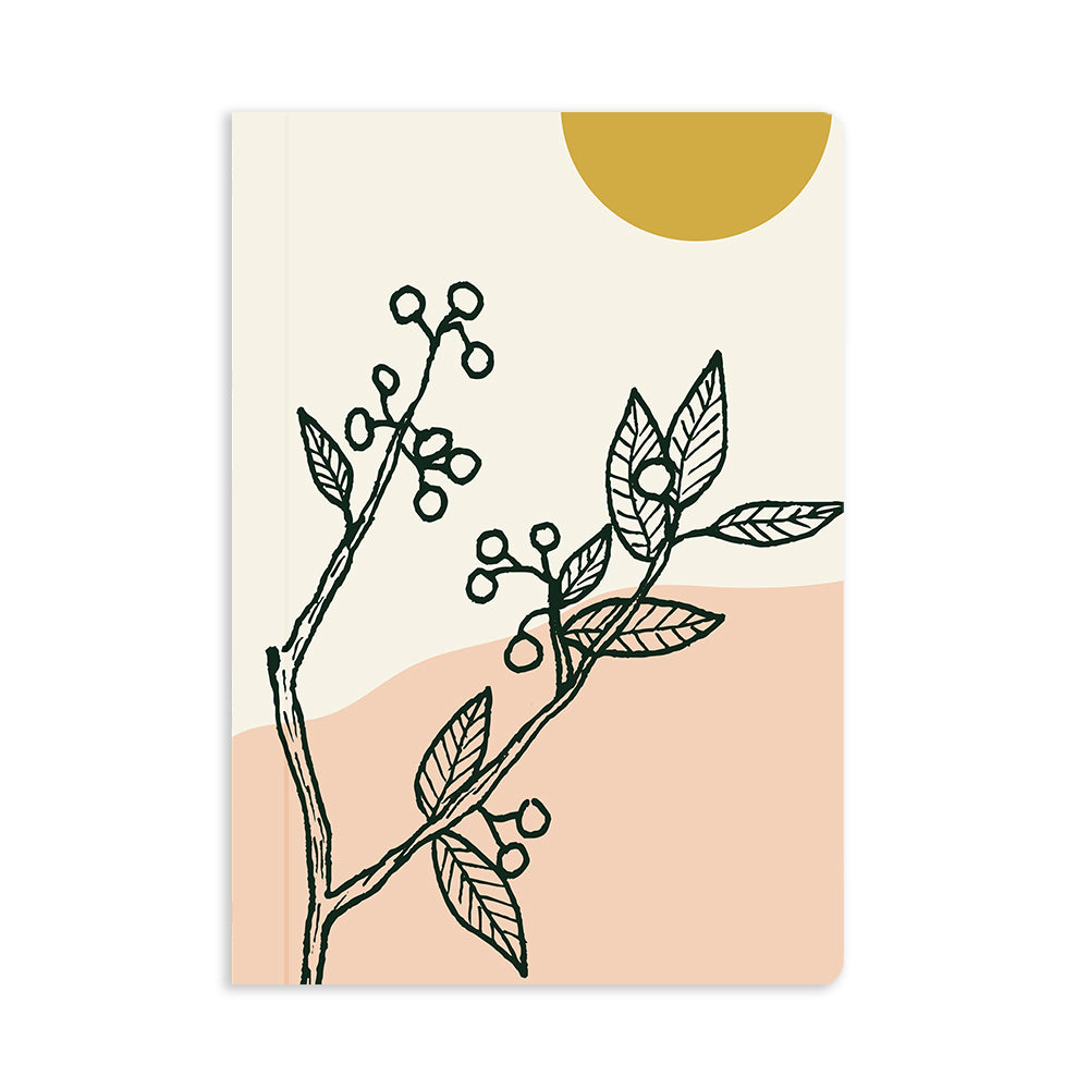7.25" x 10" soft cover notebook with beige and pink background, featuring a line drawing of foliage