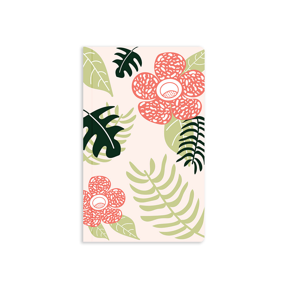 5" x 8.25" soft cover notebook with floral and foliage illustrations in green and pink shades