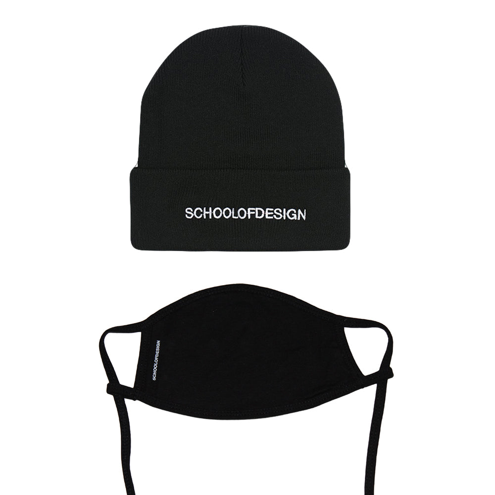 bundle of a black toque with school of design embroidered text in white and black non medical grade mask with school of design text in black