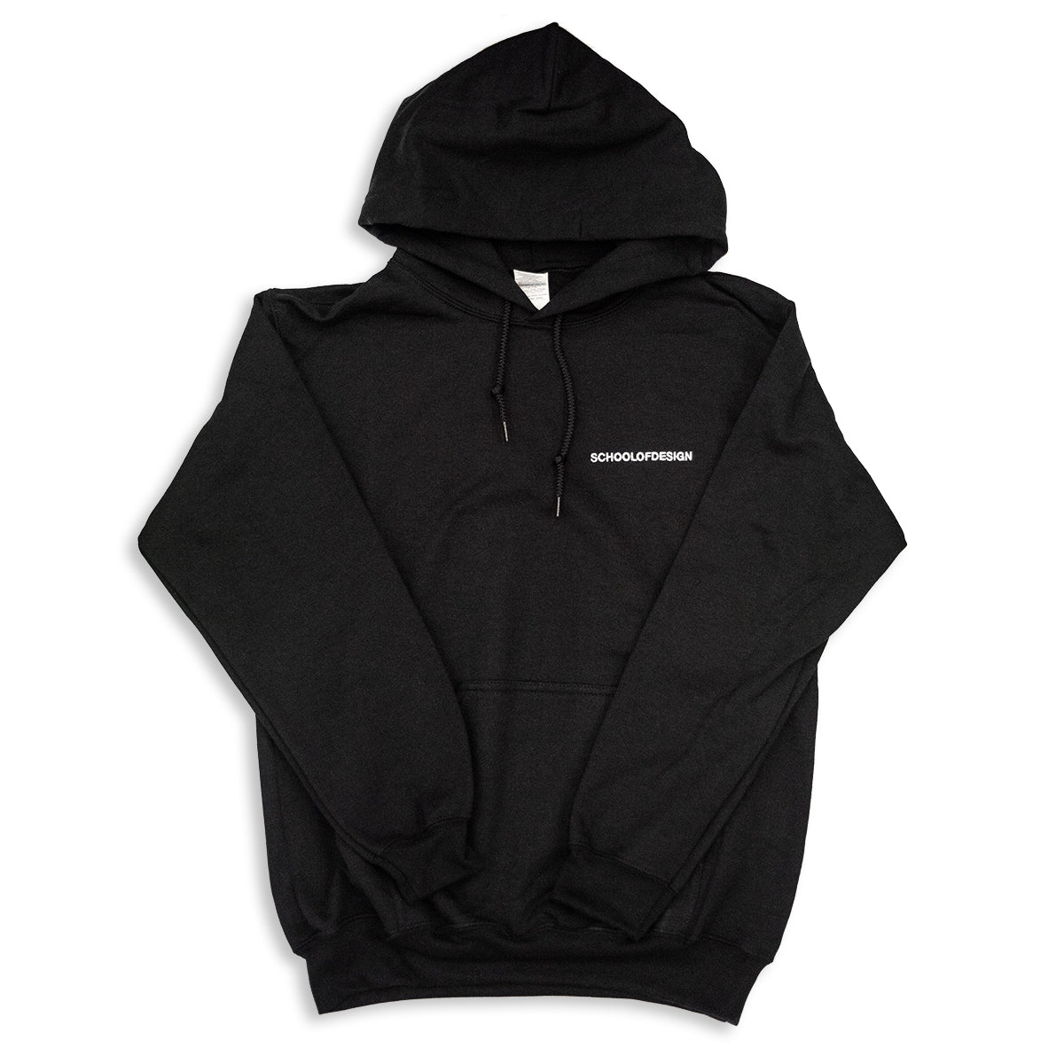 100% cotton black pullover hoodie with school of design text on left chest