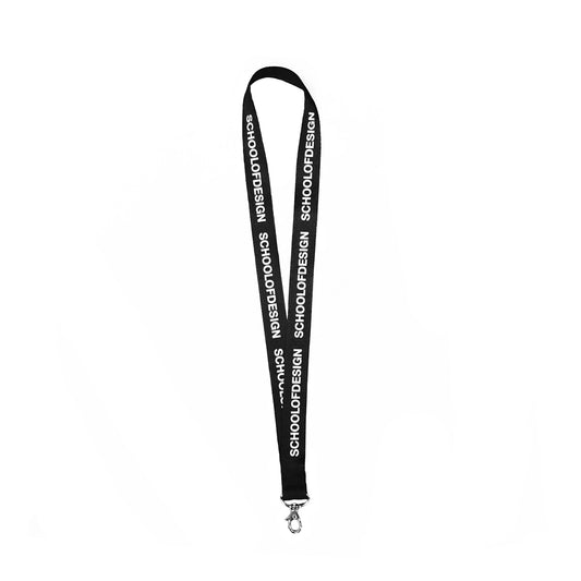 black lanyard with school of design text in white