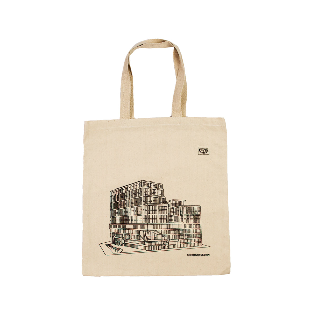 14" x 15" 100% cotton beige tote bag featuring an illustration of the Daniels Building, School of Design