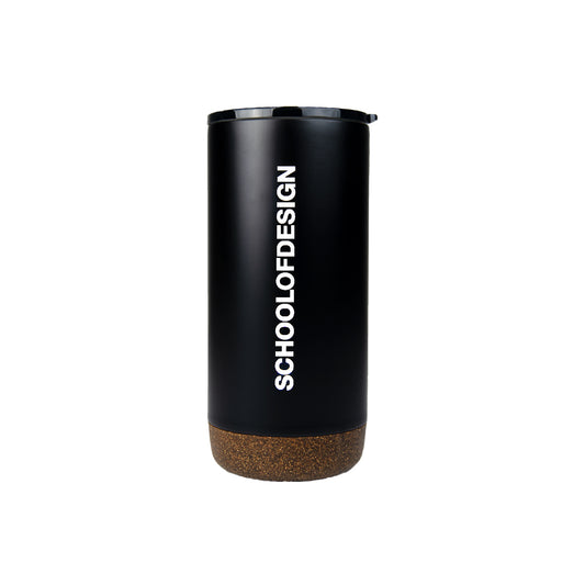 black stainless steel travel mug with white school of design text in middle