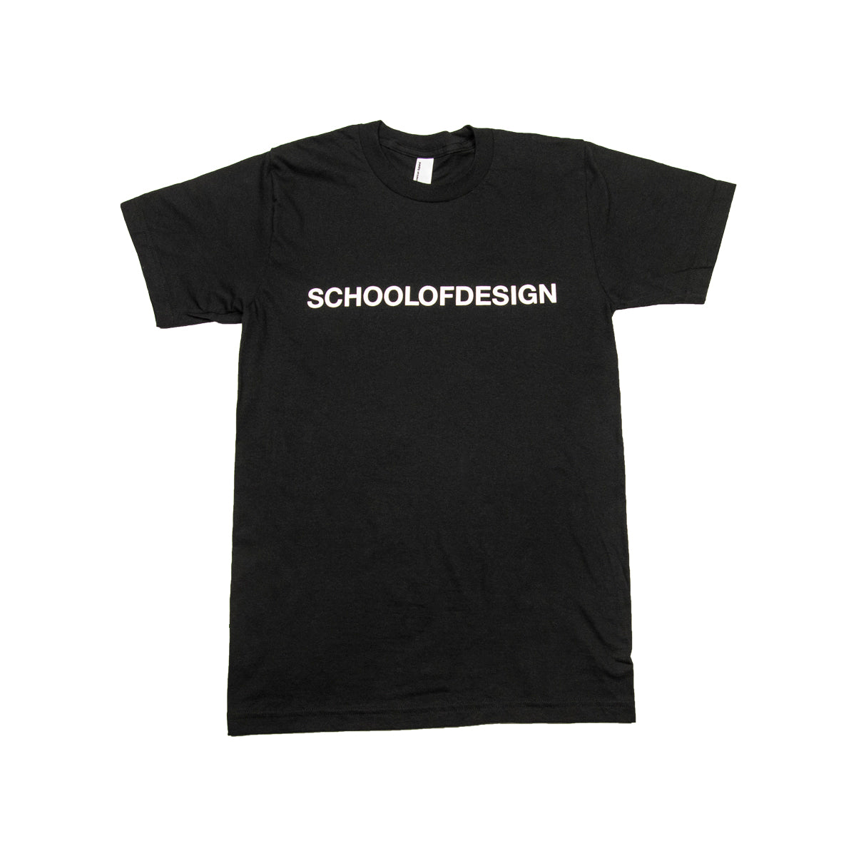 100% cotton black t shirt with school of design white text on chest