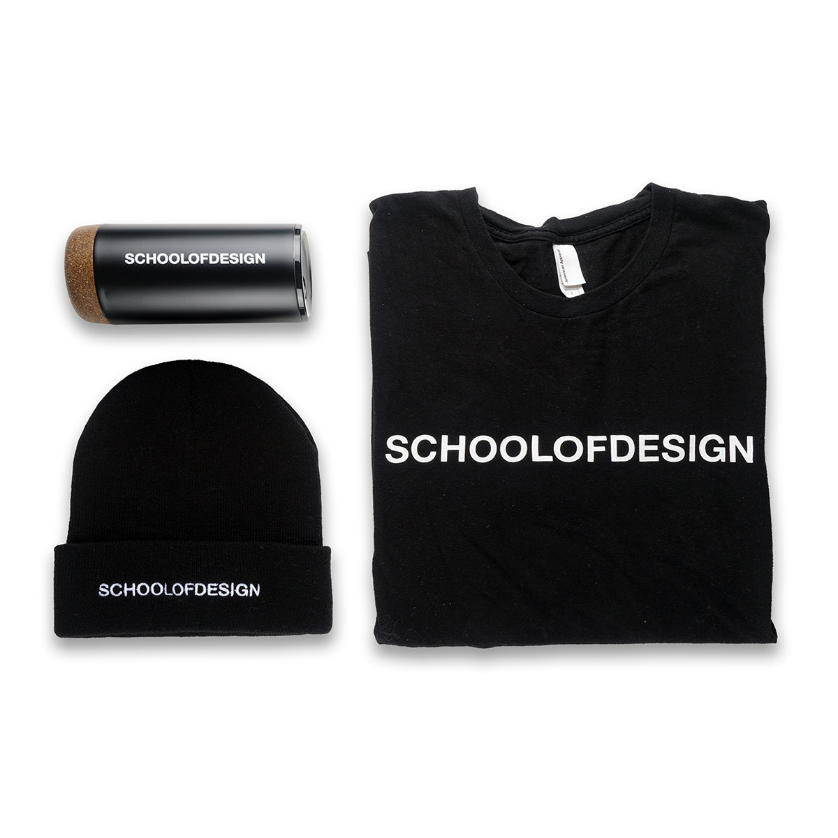 bundle featuring school of design black travel mug, 100% cotton t shirt with school of design white text and black toque with embroidered school of design text in white