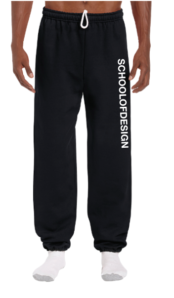 black sweatpants with school of design white text on left leg