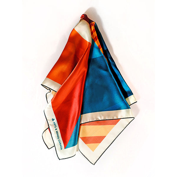 Silk bandana featuring lighthouse, sunset, and path through blue water. Folded.