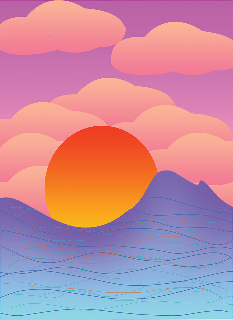18 x 24" poster with 1" white border featuring vector shapes of waves, sun and clouds in gradient colours
