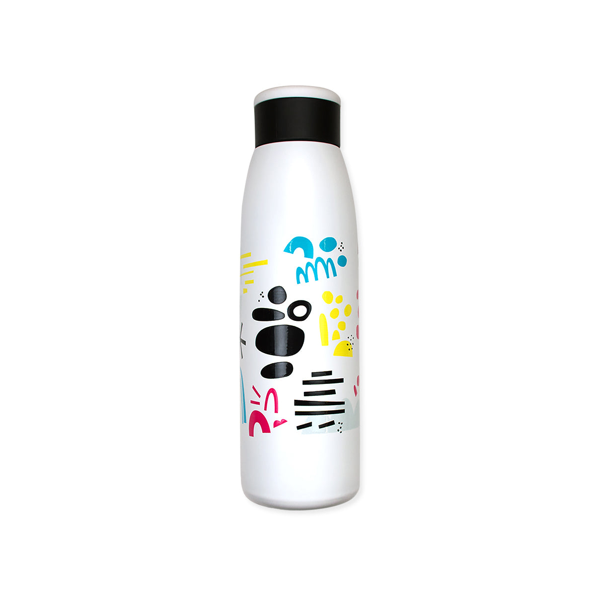 white stainless steel water bottle with a retro-abstract design in cyan, magenta, yellow, black