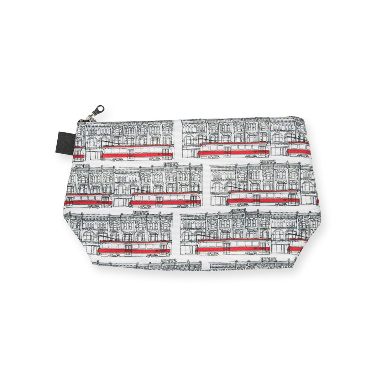 12" x 7" x 4" white gusseted travel bag with toronto street car illustration in black lines with red accents