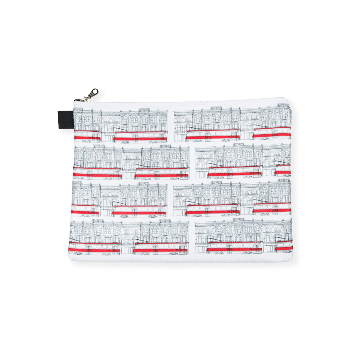 white zip pouch with toronto streetcar illustrations in black lines with red accents