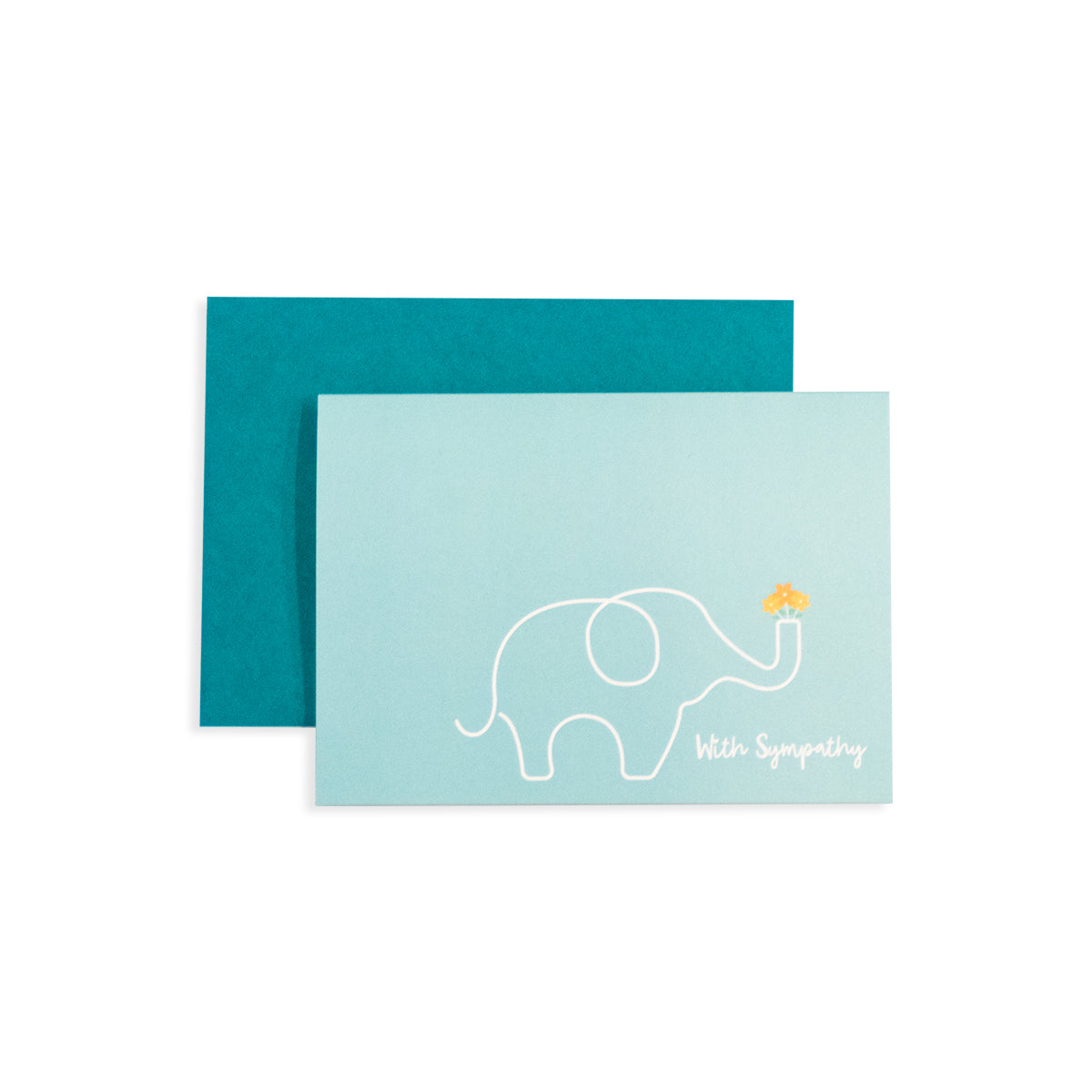 4 1/2" x 6 1/4" blue with sympathy card featuring line art elephant illustration with flowers coming out of the trunk