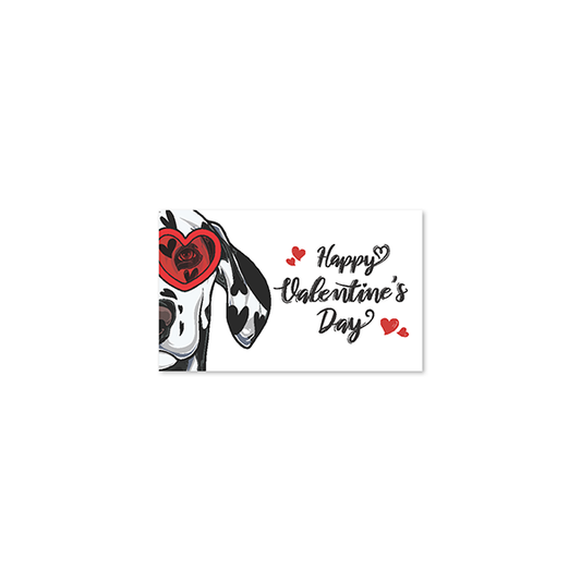 illustration of dalmation wearing heart sunglasses; text reading "happy valentine's day"