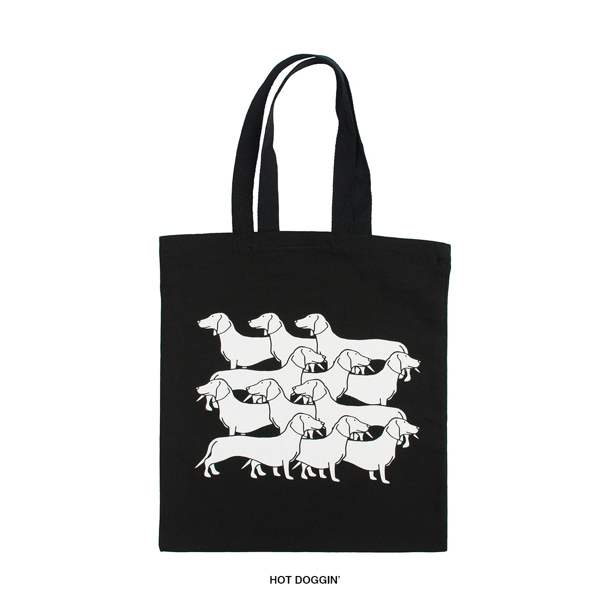 14 x 15" 100% cotton black tote with 12 dachshund illustrations in a linear 3x3 grid pattern in white