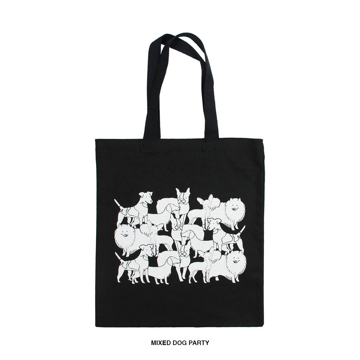 14 x 15" 100% cotton black tote with several illustrations of different dog breeds mixed together in white