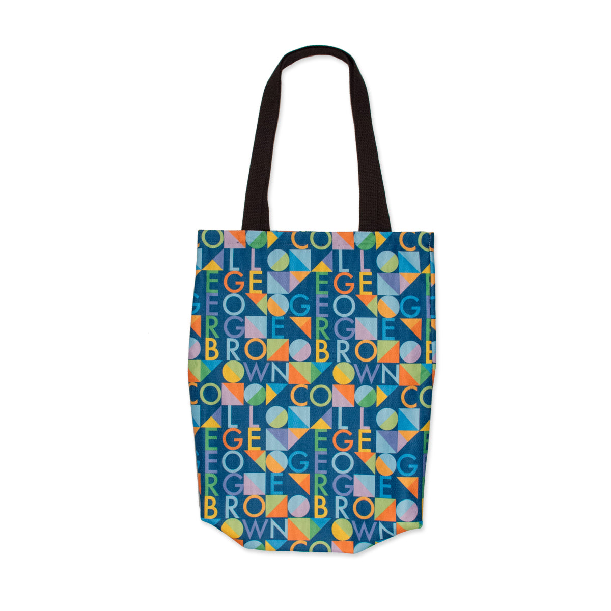 16" x 13" x 3" durable blue polycanvas tote bag with multicoloured george brown college text and geometric shape pattern