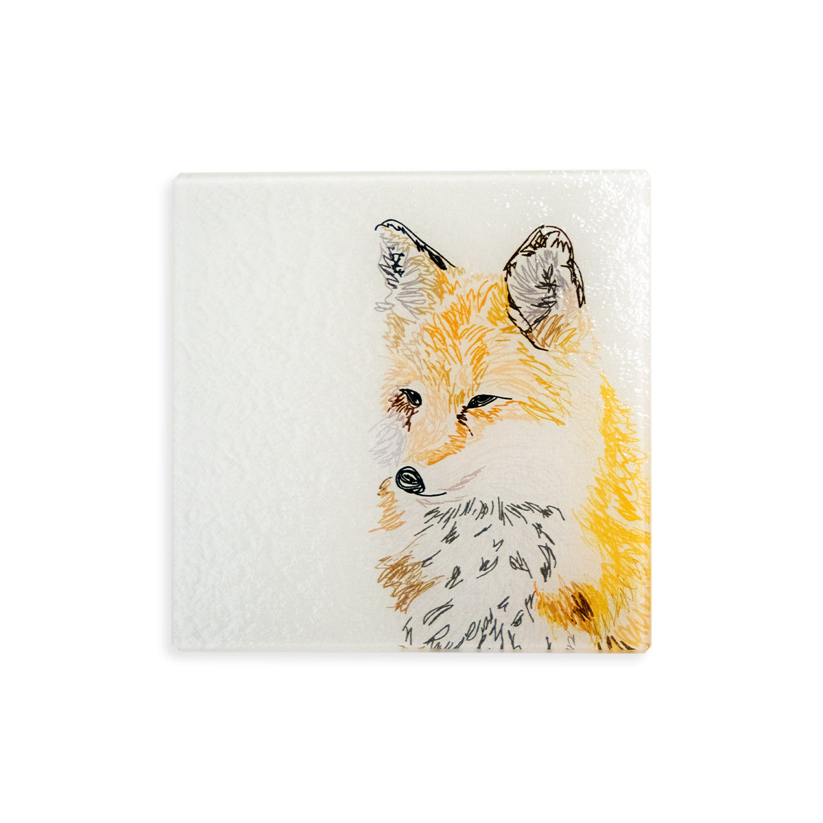 6" x 6" heat resistant tempered glass trivet with hand sketched fox illustration on the bottom right