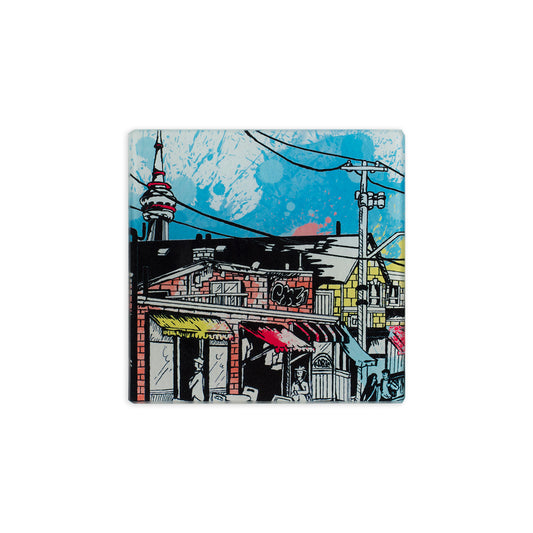 6" x 6" heat resistant tempered glass trivet with an illustration of Kensington Market in the heart of Toronto