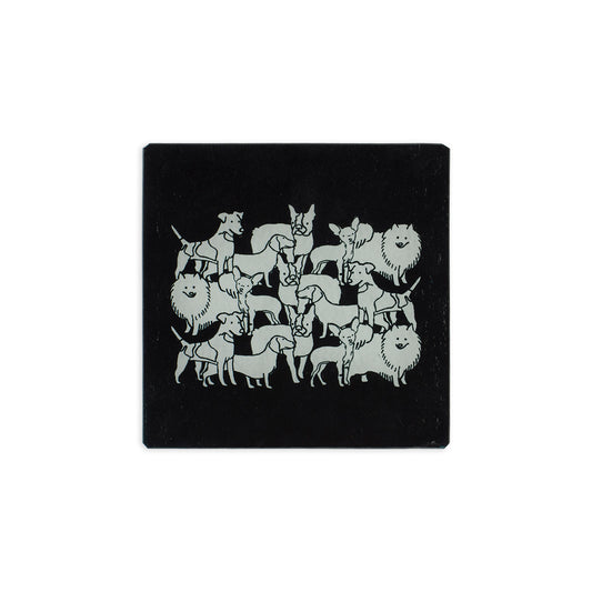 6" x 6" heat resistant tempered glass black trivet with several illustrations of different dog breeds mixed together in white