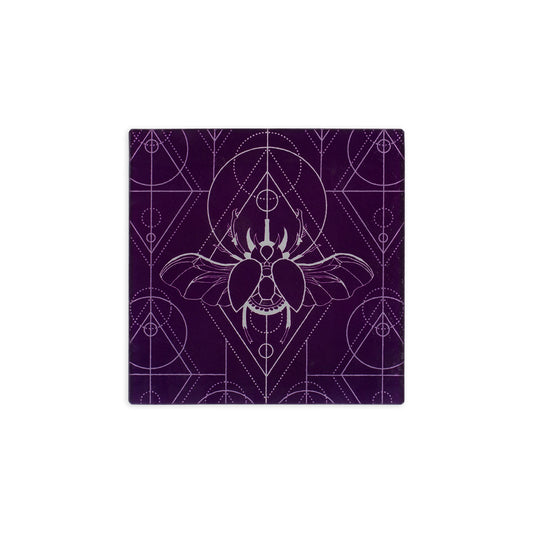 6" x 6" heat resistant tempered glass purple trivet featuring geometric beetle illustration in the centre in white