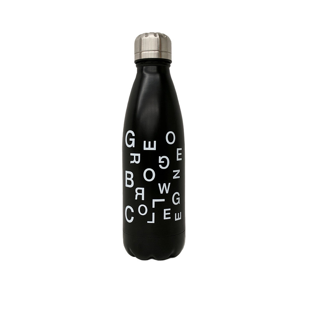 black stainless steel insulated water bottle with george brown college scattered text