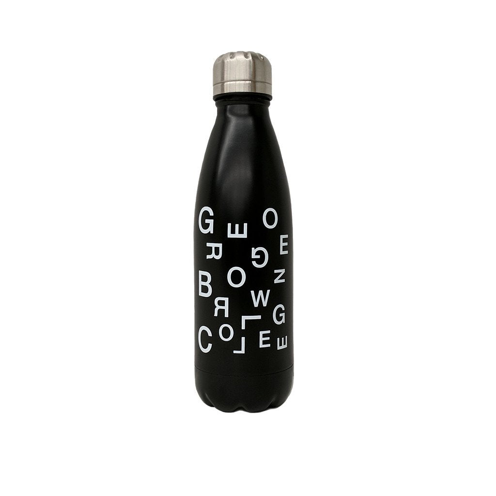 black stainless steel insulated water bottle with george brown college scattered text